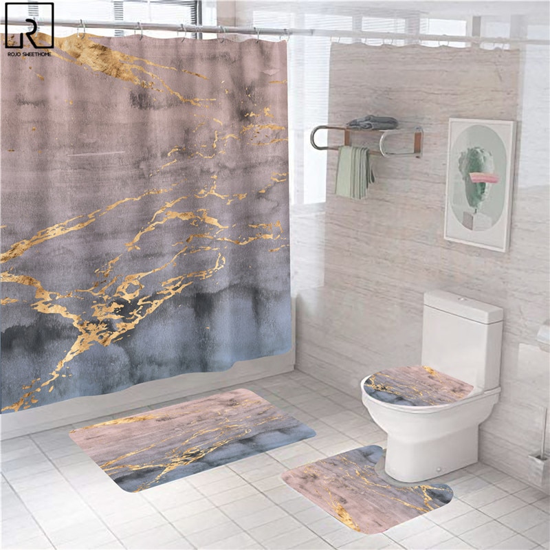 Rideaux de douche en marbre rose, décor brillant pour salle de bain, tissu en Polyester, couverture de toilette, tapis, accessoires de WC
