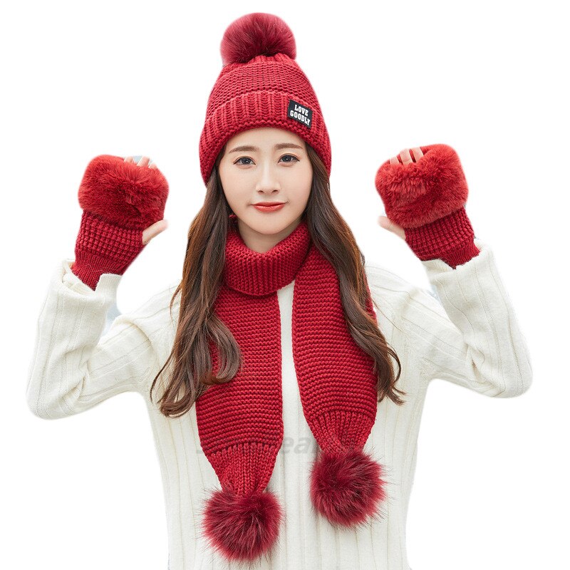 Vrouwen Hoeden Sjaal Handschoen Drie Stukken Sets Winter Gebreide Muts Sjaal Vrouwen Gorros Casual Lange Sjaal Chapeu Feminino bone: wine red
