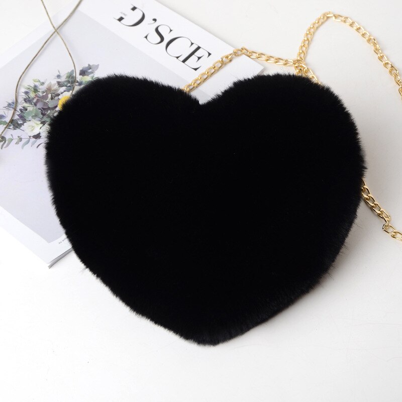 Mode Vrouwen Hartvormige Handtassen Leuke Kawaii Faux Fur Crossbody Tassen Portemonnee Portemonnee Pluche Keten Schoudertas Dame Handtas: black