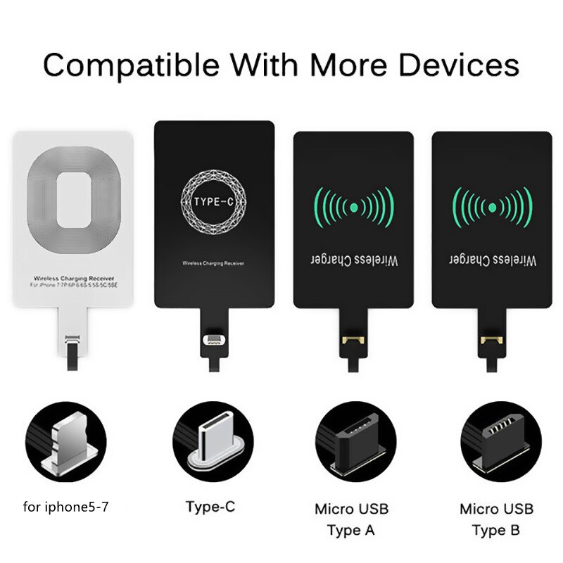 Receptor de carga inalámbrica Qi, adaptador de carga inductivo para iPhone 7,6,5, Samsung, Huawei tipo c, micro usb, conector básico Qi C