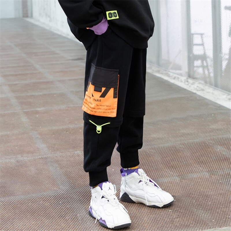 Calça cargo de algodão para bebês, roupas casuais para garotos hip-hop de recém-nascidos com bolsos coloridos, cintura elástica, primavera/outono 3 a 12 crianças