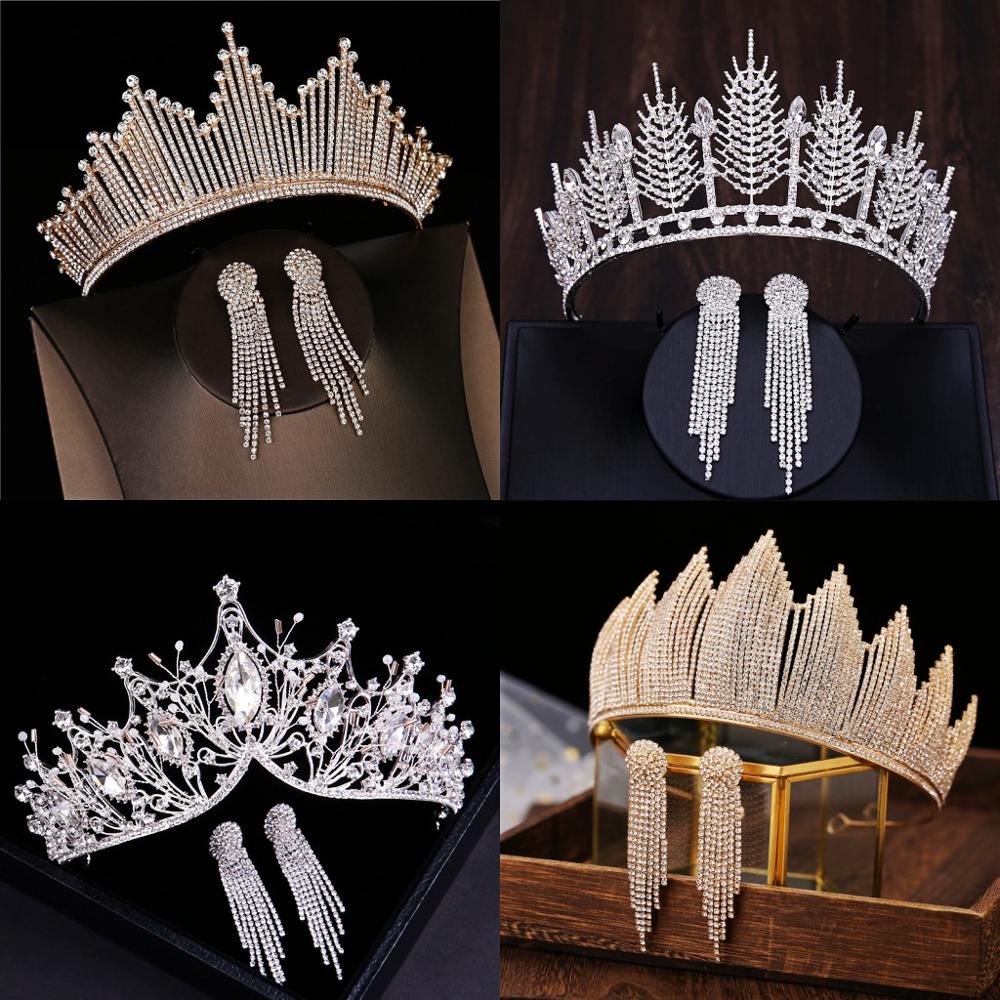 Barocco di Colore Argento di Lusso di Cristallo Da Sposa Diademi Corona Con Orecchini di Strass Pageant Diadema Dei Capelli di Cerimonia Nuziale Accessori Bijoux