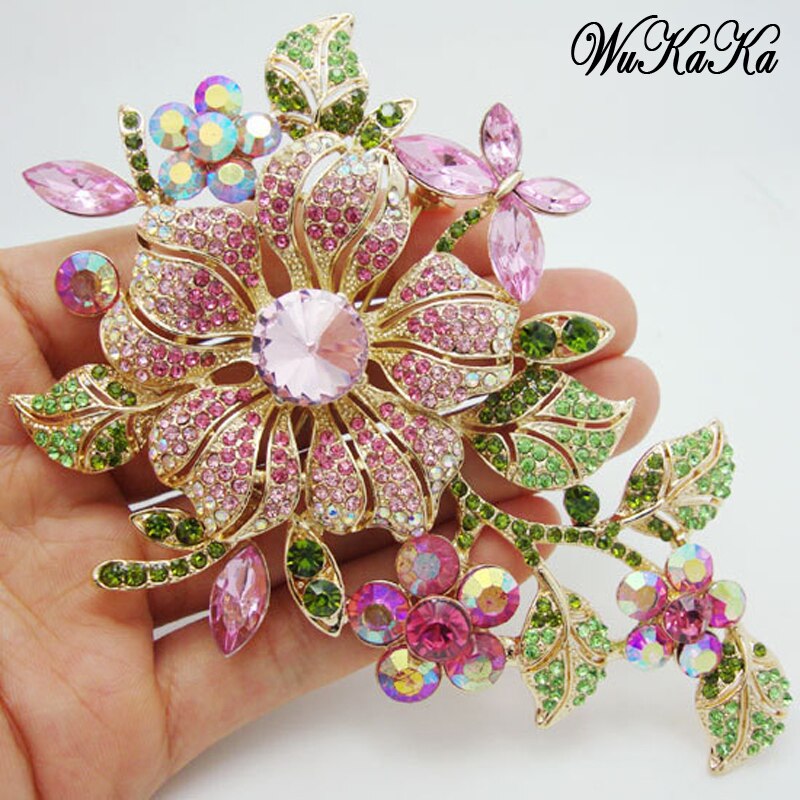 Big Pink Crystal Flower Brooch Rhinestone Pin Romantic Wedding Bride Bridesmaid Large Brooches For Woman Jewelry