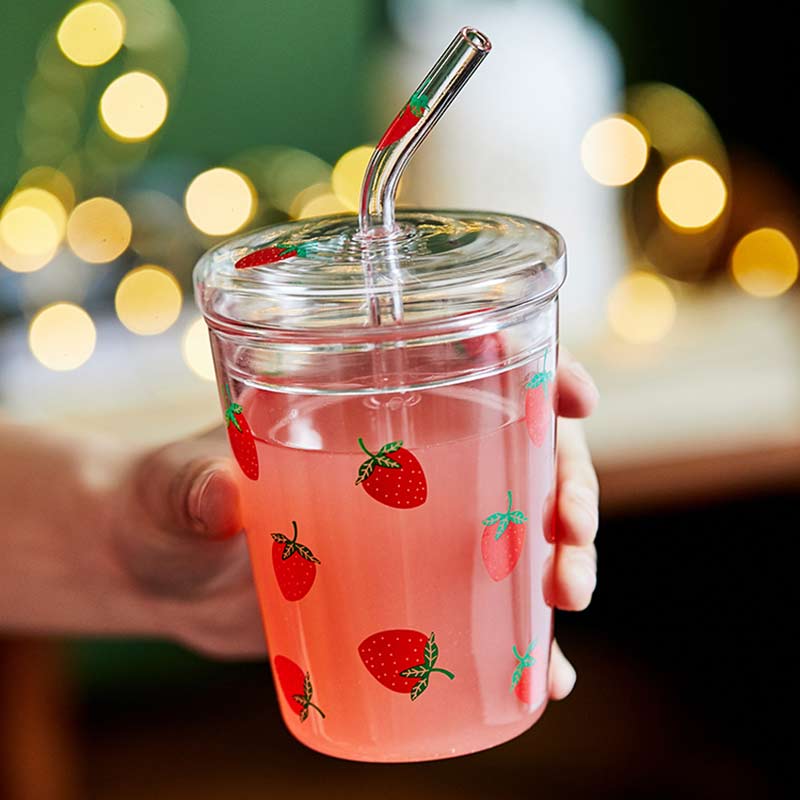 Nordic strawberry glass cup transparent milk cup juice water drinking cup hemmakontor värmebeständig kaffemugg med sugrör