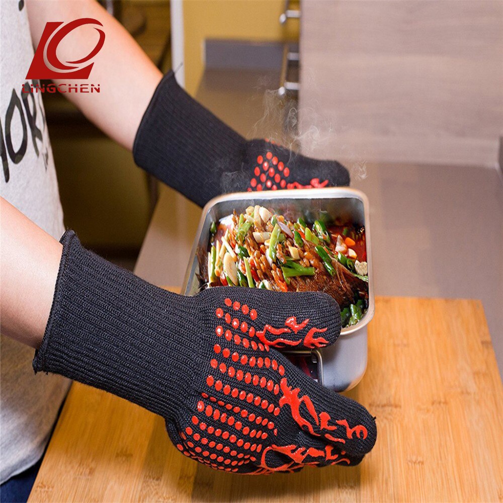 Een paar aramide handschoenen voor magnetron, oven, open haard, barbecue, 1414 rode en zwarte siliconen, vlamwerende en hittebestendige handschoenen