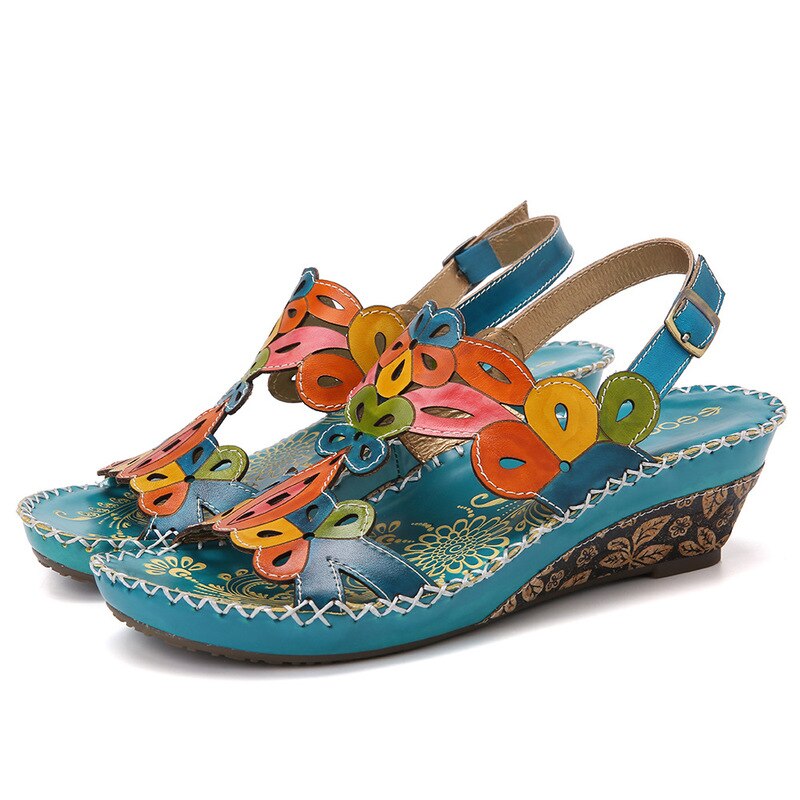 XNHN, Sandalias de verano para Mujer de talla grande con tacones medios, cuñas, zapatos de Mujer, Sandalias étnicas de piel sintética Vintage, zapato femenino