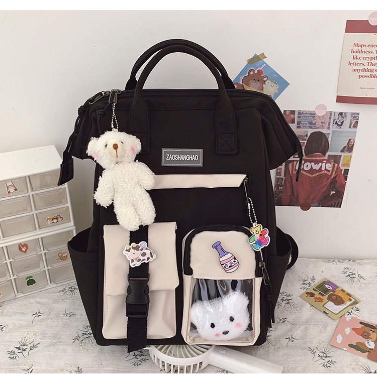 Waterdichte Nylon Schooltassen Voor Tienermeisjes Laptop Rugzakken Vrouwen Reizen Schoudertassen Student Boekentas Vrouwelijke Rugzak: Black / With pendant