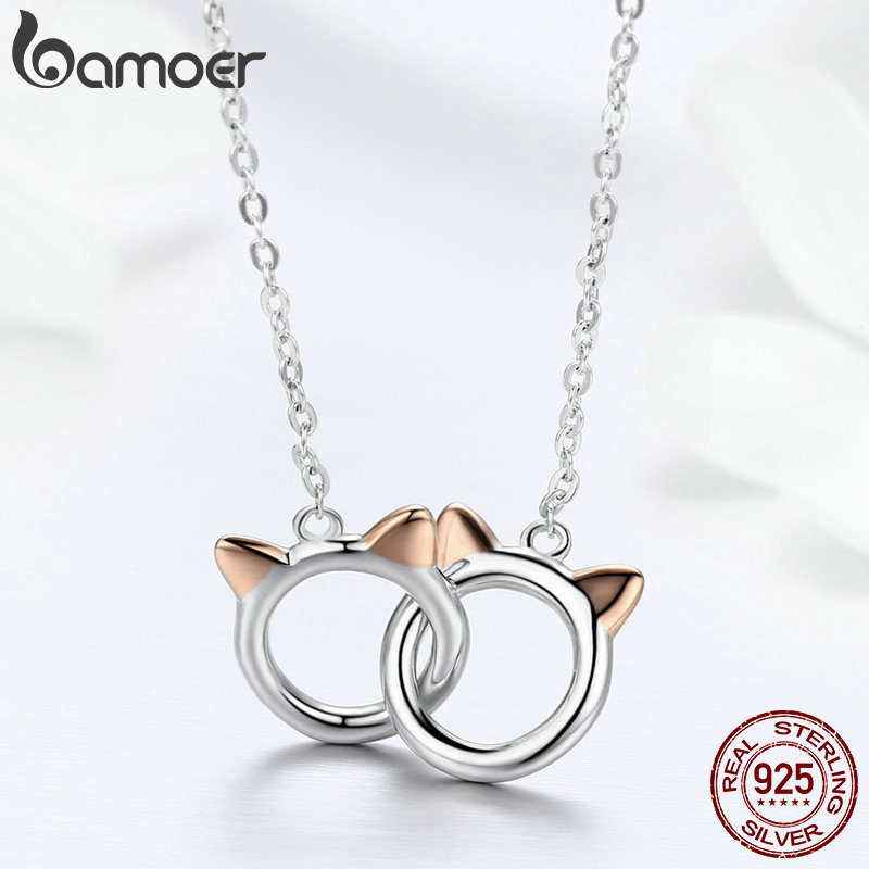 BAMOER-colgante de plata de primera ley con forma de esposas para mujer, collar, Gato, plata esterlina 925, Animal lindo, SCN252