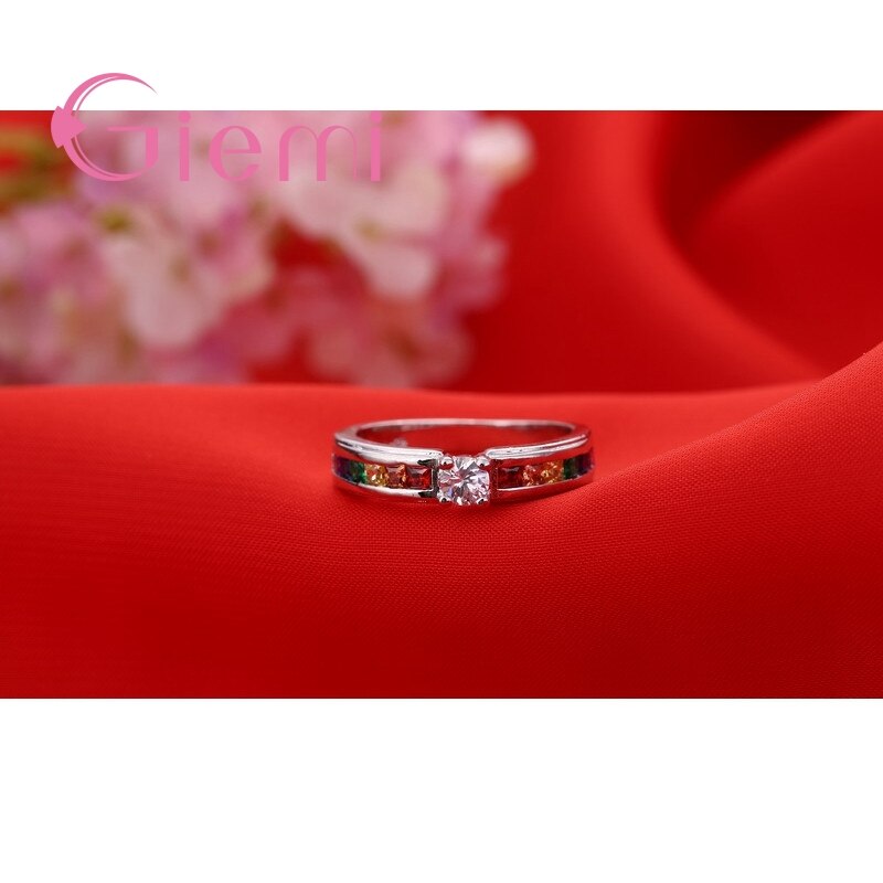 Colorful Rainbow Crystal 925 Sterling Silver Band Ring for Women Female Party Wedding Engagement Jewelry