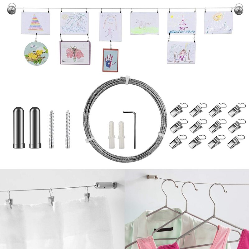 YO-Curtain Drape Wire Rod Set with 12 Clips, Stainless Steel Picture Hanging Wire Clothesline Wire Multi-Purpose Set Hang Ph