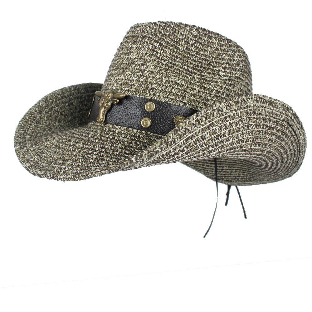 JK Home Men Women Western Cowboy Cowgirl Cap Hollow Out Straw Hats w/ Removable Strap For Outdoor Beach Wild West Country Gunslinger Costume Outfit, H Khaki