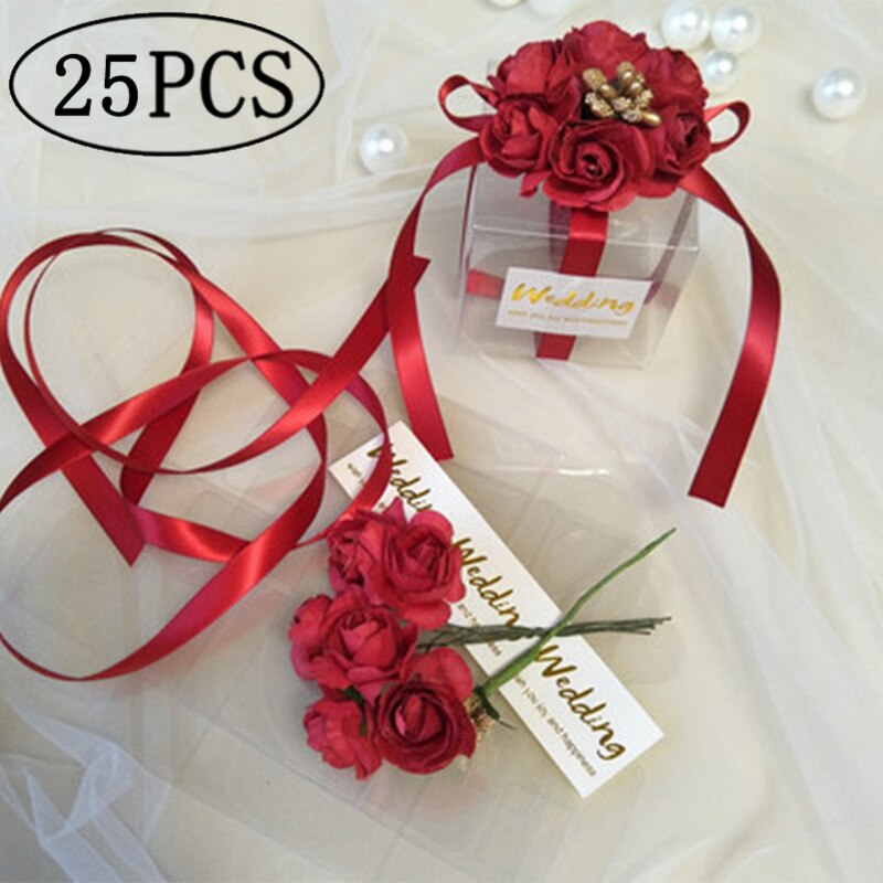 25pcs PVC Candy Box Birthday Party Event baby shower Decor Wedding Favor Party Supply bridesmaid Bag Box with Ribbon Flower: Red with flower