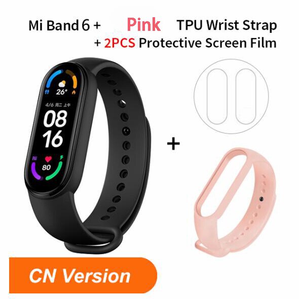 Xiaomi-pulsera inteligente Mi Band 6, accesorio deportivo resistente al agua con control del ritmo cardíaco, oxígeno en sangre y Bluetooth, 5 colores, AMOLED: pink strap film