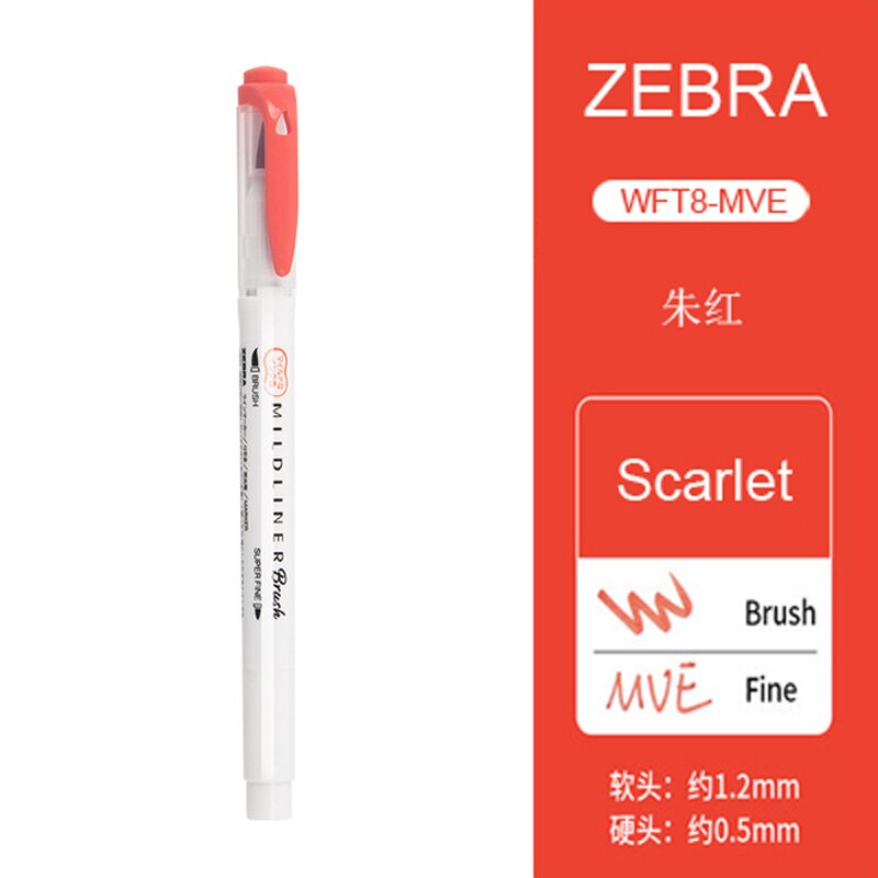 1 szt. Zebra WFT8 series dwugłowicowy fluorescencyjny marker (szczotka miękka końcówka + cienka końcówka końcówki) WKT7 ten sam kolor akwarela długopis do malowania: Scarlet