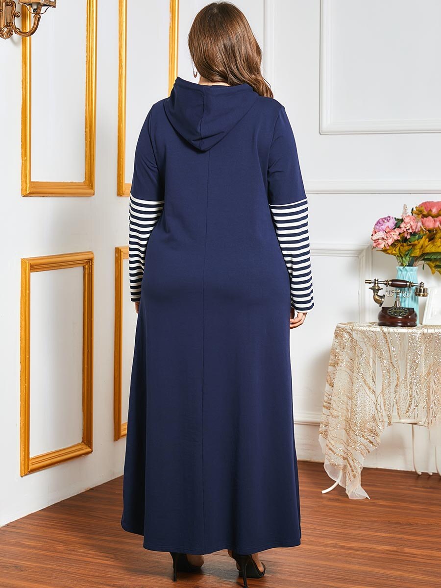 Robe longue à capuche pour femme, manches longues, rayures, imprimé contrasté, poches, ample, grande taille, style arabe, collection automne hiver