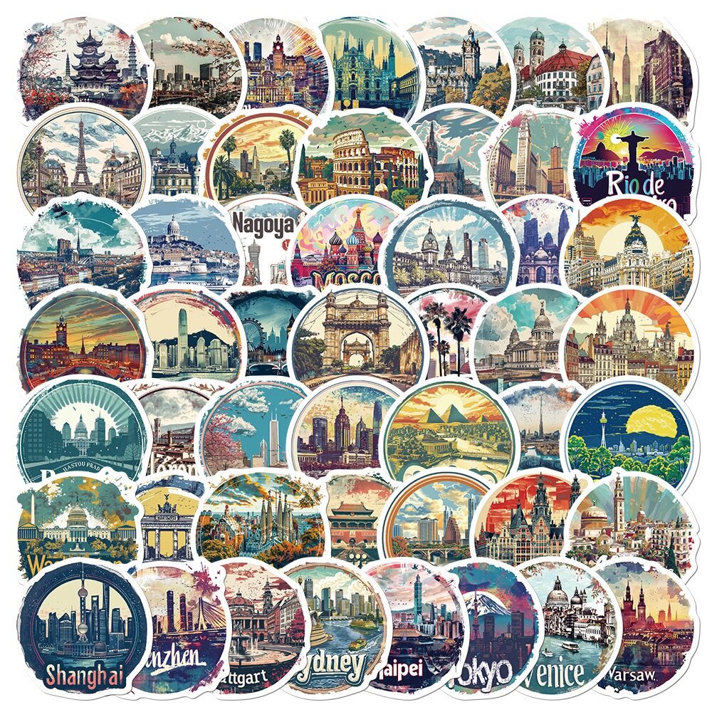 50/100PCS Mix Wereldberoemde gebouwen Reizen Stad Stickers Landmark Landschap Decals DIY Telefoon Bagage Laptop Skateboard Sticker: YELLOW