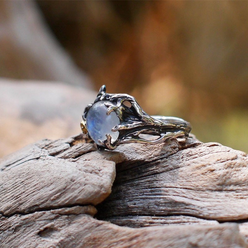 Best Selling Vintage Retro Boom Blad Natuurlijke Maansteen Stenen Ring Verzilverd Ringen Voor Vrouwen Engagement Kerst Sieraden