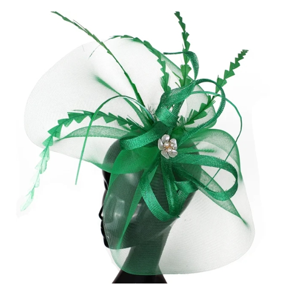 Women Sinamay Fascinators Hair Clip Wedding With Feather Nice Gold Hair Accessories Women Party Hat Wedding Headwear Hair Pins: green