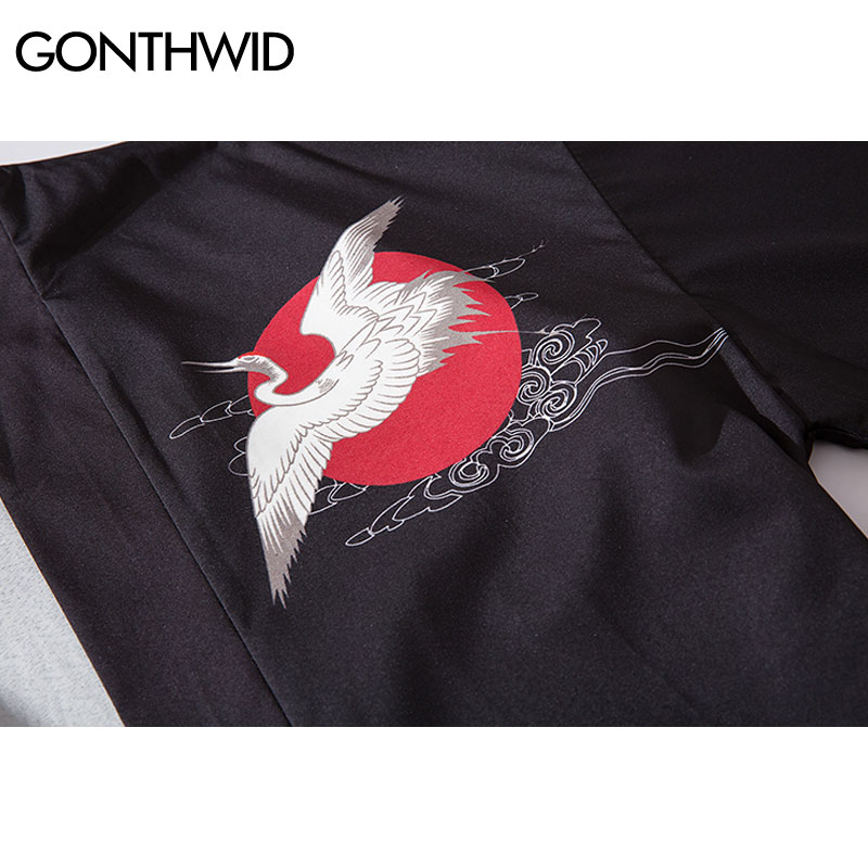 Gonthwide harajuku krantryk japansk stil kimono cardigan haori jakker streetwear afslappet åben frontfrakker hip hop jakke