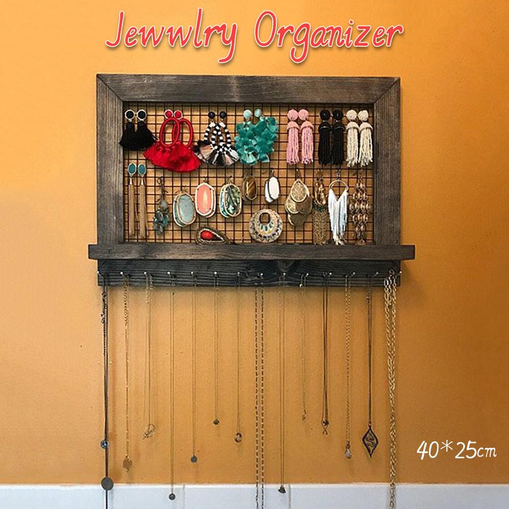 Organizador rústico de joyas de color marrón, soporte de madera montado en la pared para pendientes y collares, organización de accesorios de almacenamiento para el hogar