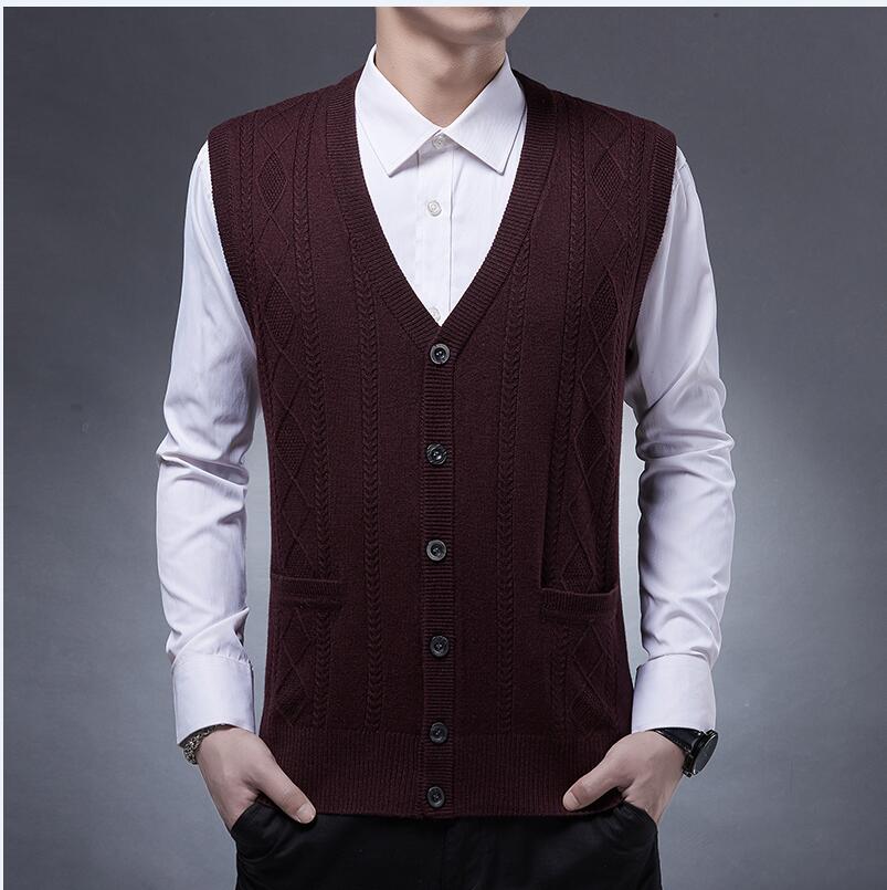 Mannen Gebreide kasjmier Vest Herfst winter Mannen wollen vest Gebreide Trui mouwloze Mannen mode Wollen truien vesten: Bordeauxrood / M
