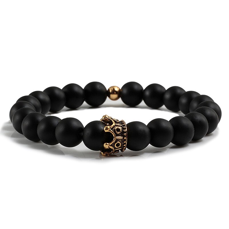 Heiße Neue Charme Krone Männer Armreifen Natürliche Stein Weiß Porzellan Perlen Armbänder Hand Zubehör Für Frauen Elastische Seil Hand Kette: matt Schwarz2