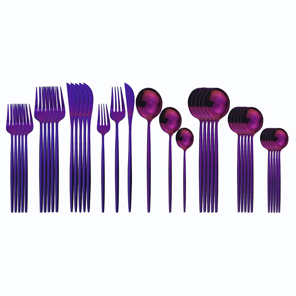 36 stk sort guld bestik sæt 18/10 rustfrit stål guld spisestel home western ske gaffel kniv bøf spisestel service sæt: Lilla