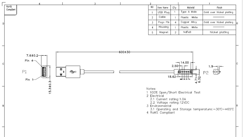 1Sets Magnetic usb charging cable Male Female Pogo Pin connector 4pin Pitch 2.5mmthrough hole Power Data Magnets contact Pad PCB