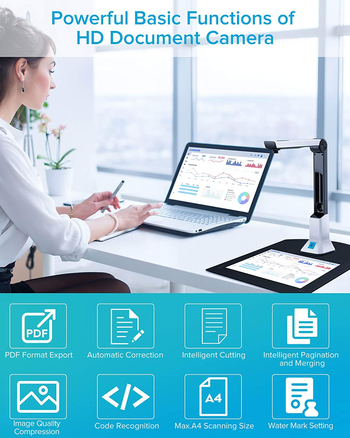 Portable 8 Mega-pixel High Definition Doc Scanner Capture Size A4 Document Camera for File Recognition Scanner Support MAC OS