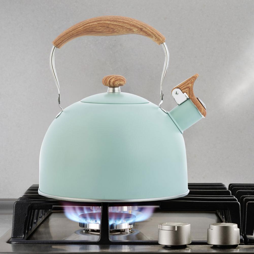 Bouilloire à thé en acier inoxydable 2,5 l, théière à poignée en bois, chaudière à eau classique pour toutes les cuisinières, vert menthe, Beige