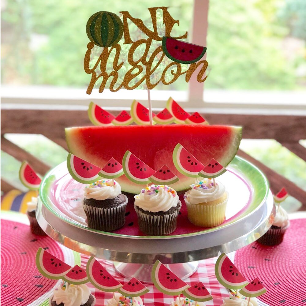 One in a Melon Cake Topper Glitter Watermelon Cupcake Topper 1st Birthday Party Cake Decor Watermelon Themed Kids Party Supplies