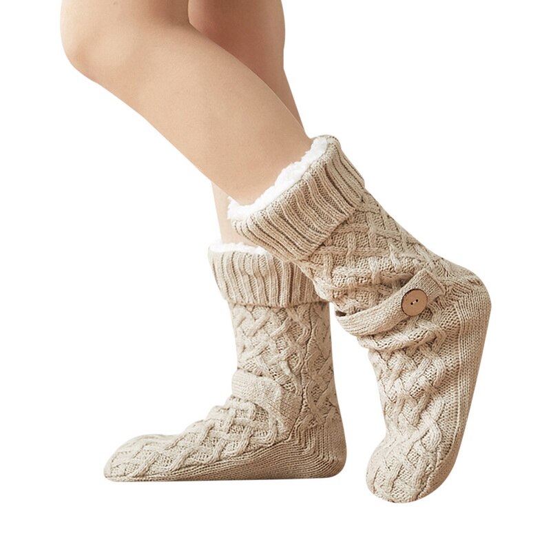 Hiver tricoté femmes chaussettes femmes impression de noël anti-dérapant moelleux corail polaire bouton Tube velours femme chaussettes: khaki