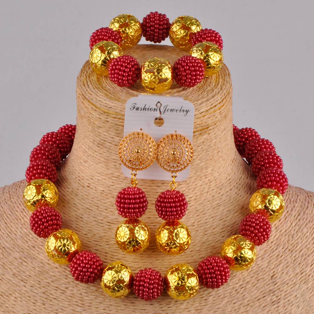 Klassieke nigeriaanse trouwsieraden, afrikaanse bruidsjurkaccessoires, perzikkleurige imitatieparelkettingset (az -77): Wijn