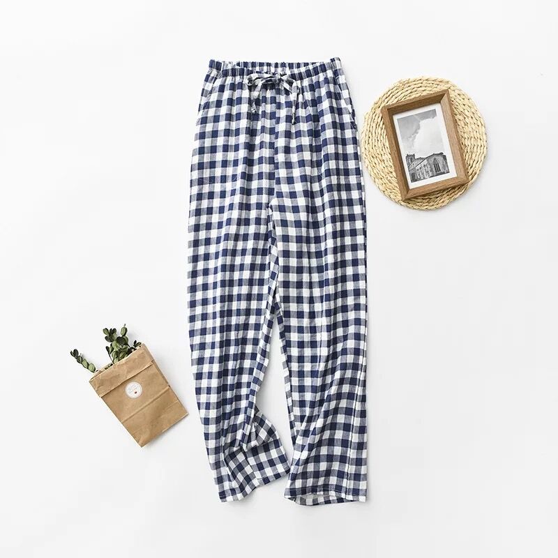 Lente Herfst Vrouwen Mannen 100% Katoen Gaas Slaap Bodems Mannelijke Nachtjapon Broek Nachtkleding Pyjama Liefhebbers Casual Plaid Broek: Men Dark Blue / M