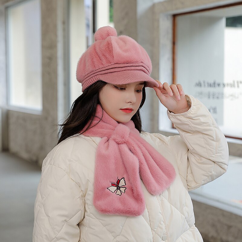 Chapeau octogonal en laine de pour adulte, couvre-chef femme papillon avec couvre-cou, deux pièces, neige, pour l&#39;extérieur, hiver 100%: Rose