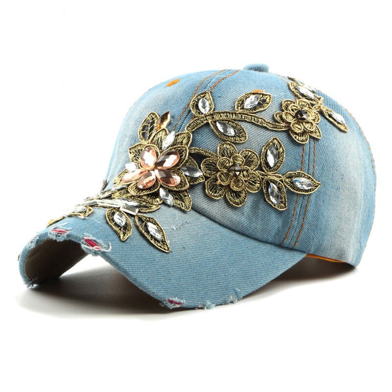Denim rhinestone kvinders baseball cap vintage luksus blomstermønster gorras kvindelig glas diamant hat: 2