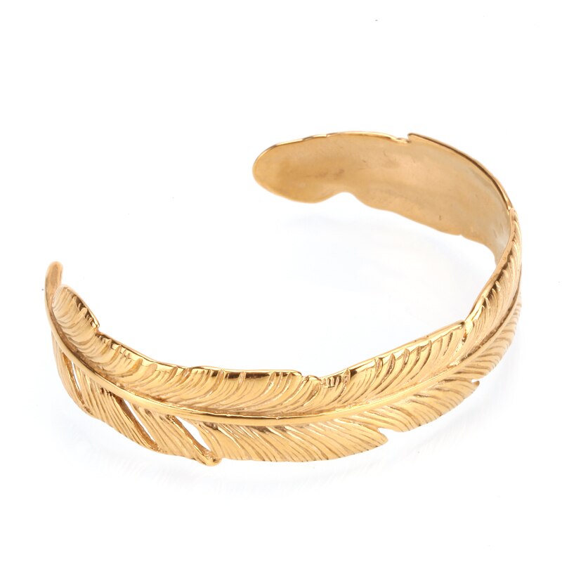 Mcllroy Charm Gold Feather Bangle Men Women 316L Stainless Steel Opening Cuff Bracelets Bangles Adjusted Couple Jewelry