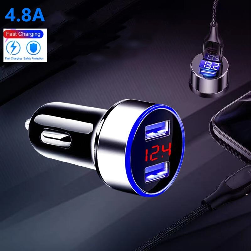 Chargeur de voiture double USB 4,8a 5V, avec LED, adaptateur en aluminium pour iphone 12 8 Plus et Samsung