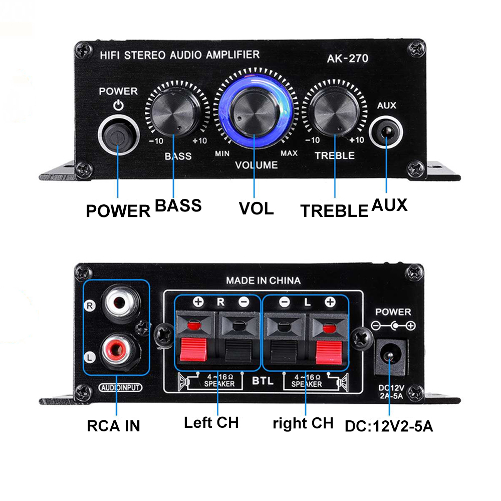 AK-270 Amplificatore audio Canale audio 2.0 Amplificatore audio digitale HIFI Stereo Ingresso AUX Mini amplificatore audio portatile per auto e casa