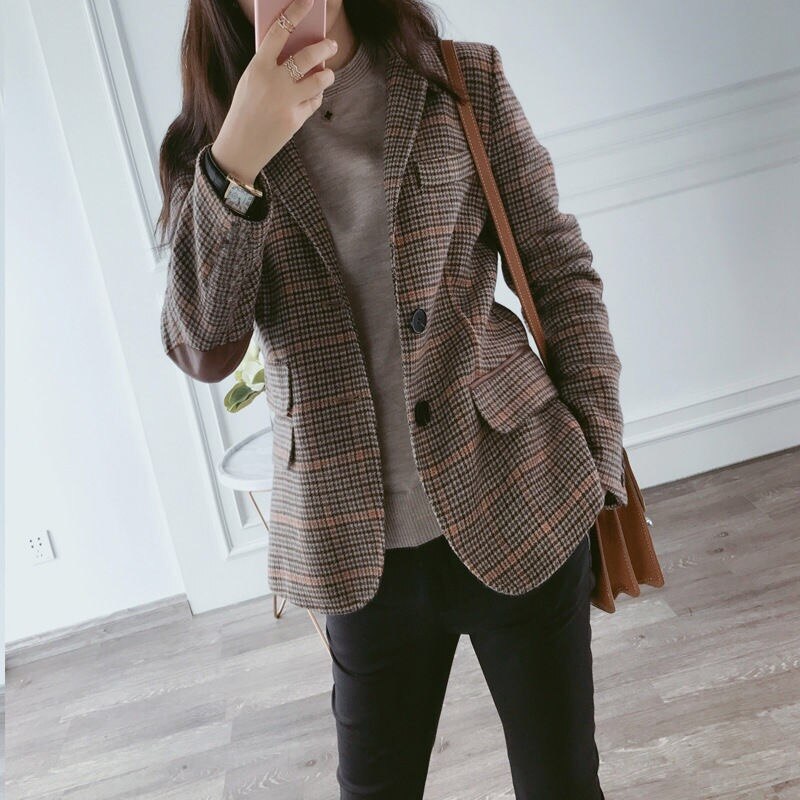 Vangull British Style Slim women Plaid Blazers Patch Elbow Patchwork ...