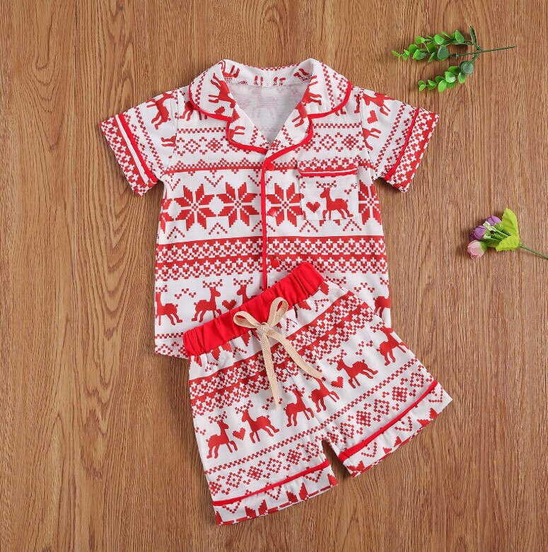 2-6Years Peuter Baby Jongen Meisje Kerst 2 Stuks Kleding Set Korte Mouw V-hals Herten Gedrukt Top Korte Outfit
