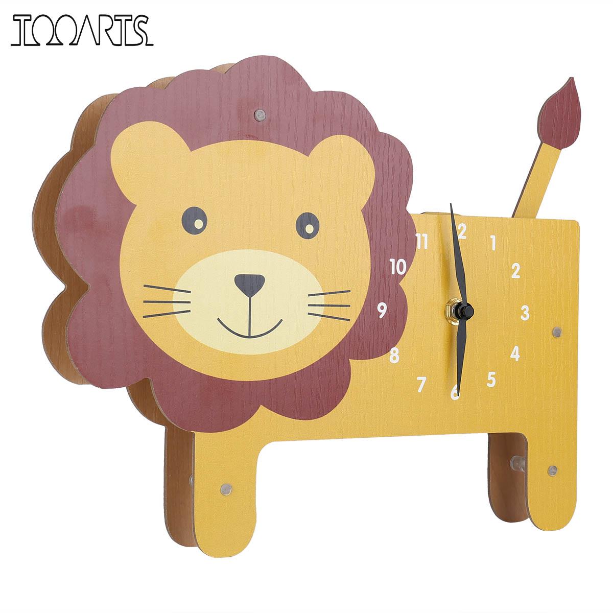 Tooarts dessin animé Animal horloge Lion horloge MDF en bois horloge murale pour enfants chambre salon, décor à la maison