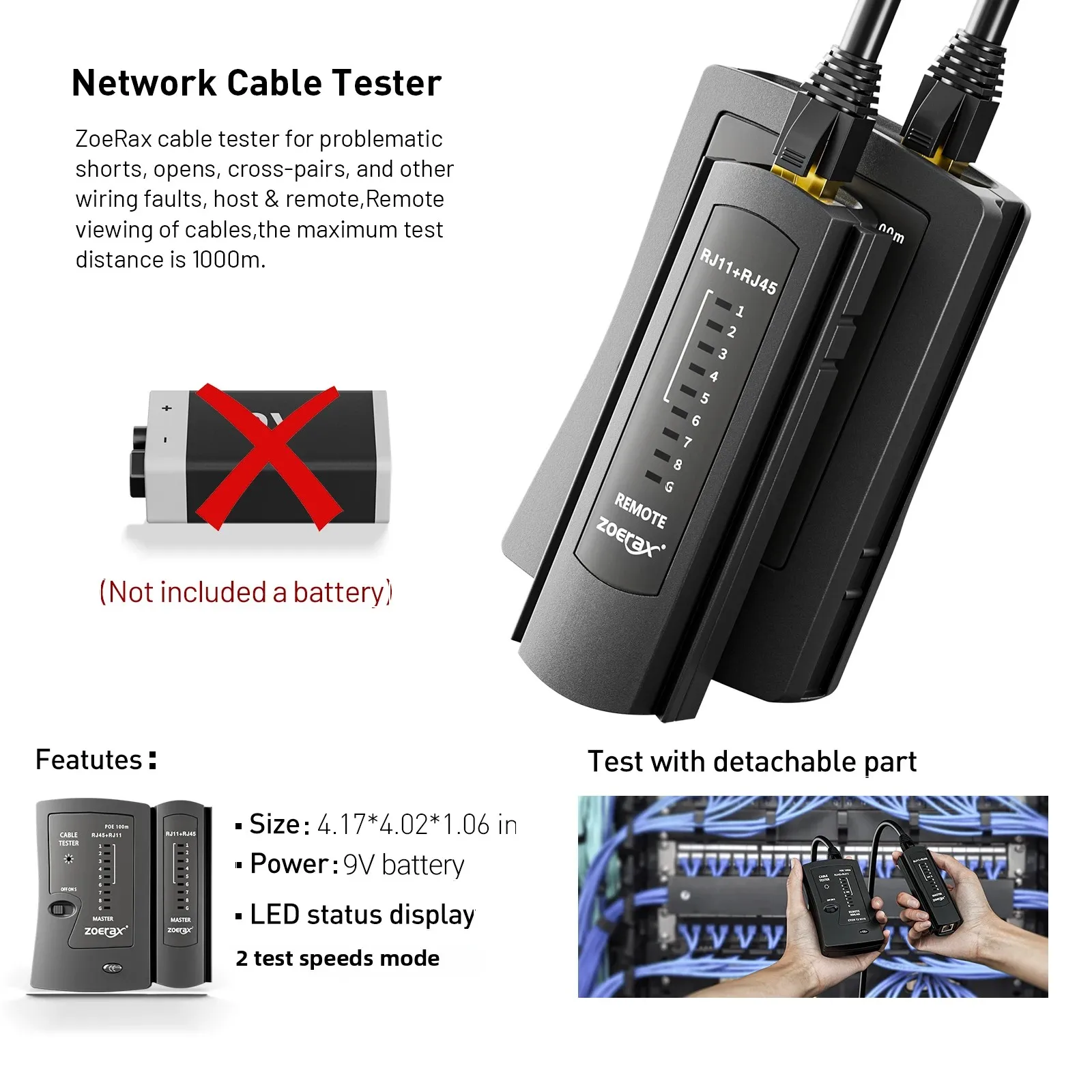 ZoeRax Network Tool Kit - Cat7 Cat6A Cable Tester, Crimper, Wire Cutter, Connectors, Boots, Ties, Screwdrivers