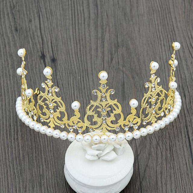 Corona de perlas de Blanco Simple, tocado, accesorios para el cabello de boda, Tiara de novia, diadema, Reina, Pastel de princesa, foto, , decoración del bebé: Dorado