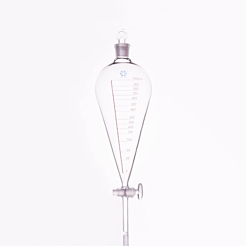 Separatory funnel pear shape,with ground-in glass stopper and stopcock,With tick marks,Capacity 1000ml,glass switch valve