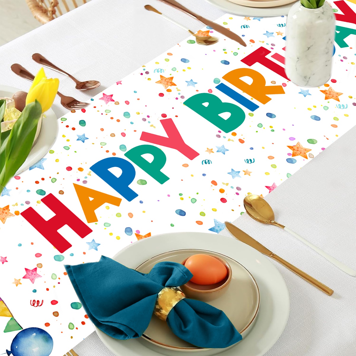 1pc Happy Birthday Party Polyester Table Runner with Colorful Balloons & Cake for Indoor/Outdoor Celebrations Home Birthd