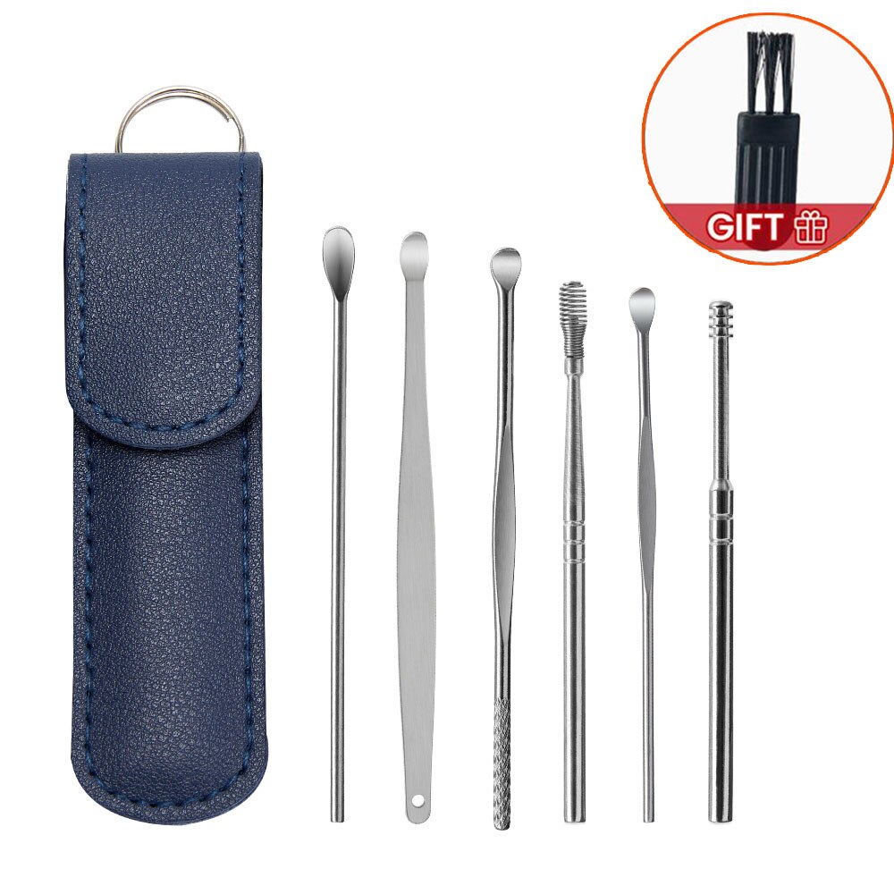 Silicone Ear Care Kit Earpick set Canal Cleaner Earwax Ears Cleaning Stick Tools Massage Removal Wax Earwax Ear Cleaner Spoon: 6Pcs-Blue