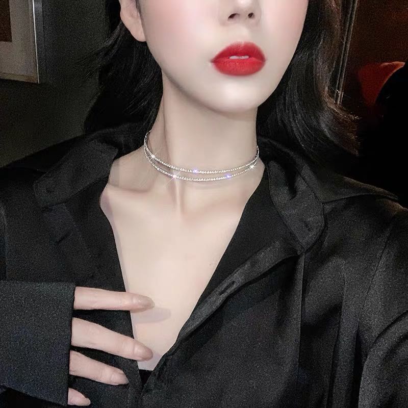 Korean einfache Strass frauen doppel halsketten erklärung luxus ausschnitt Kristall Halskette Party
