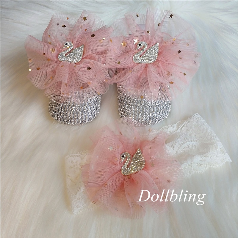 Dollbling diamant svane baby sko rhinestone blonder pandebånd håndlavede bløde sko 1st fødselsdagskjole spædbarn krybbe ballerina sko