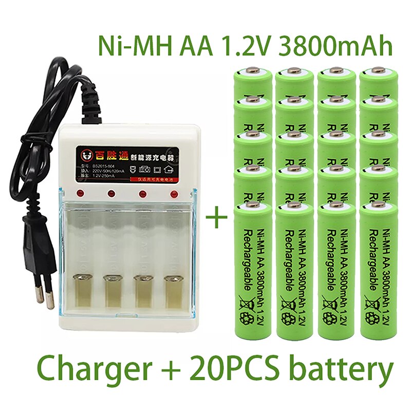 AA 1.2V 3800mAh battery Ni-MH rechargeable battery for Toy Remote control Rechargeable Batteries AA 1.2V battery+Charger: green